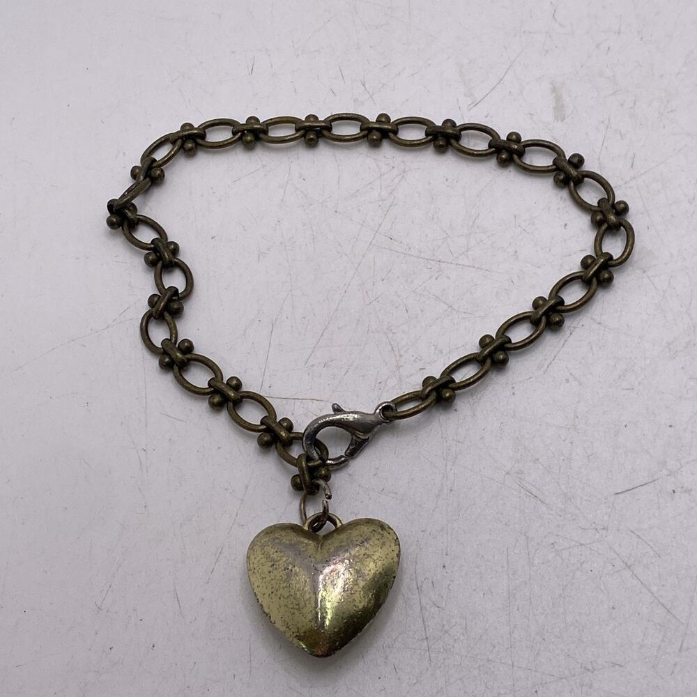 Womens Vintage Brass Gold Tone Worn Heart Bracelet